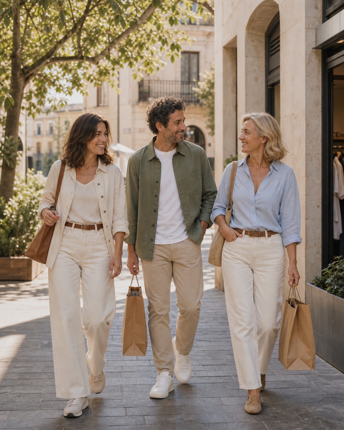 Personas con prendas de primavera caminando por una calle arbolada