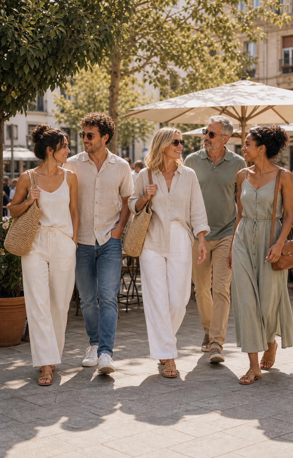 Grupo de amigos con ropa de verano en una plaza soleada