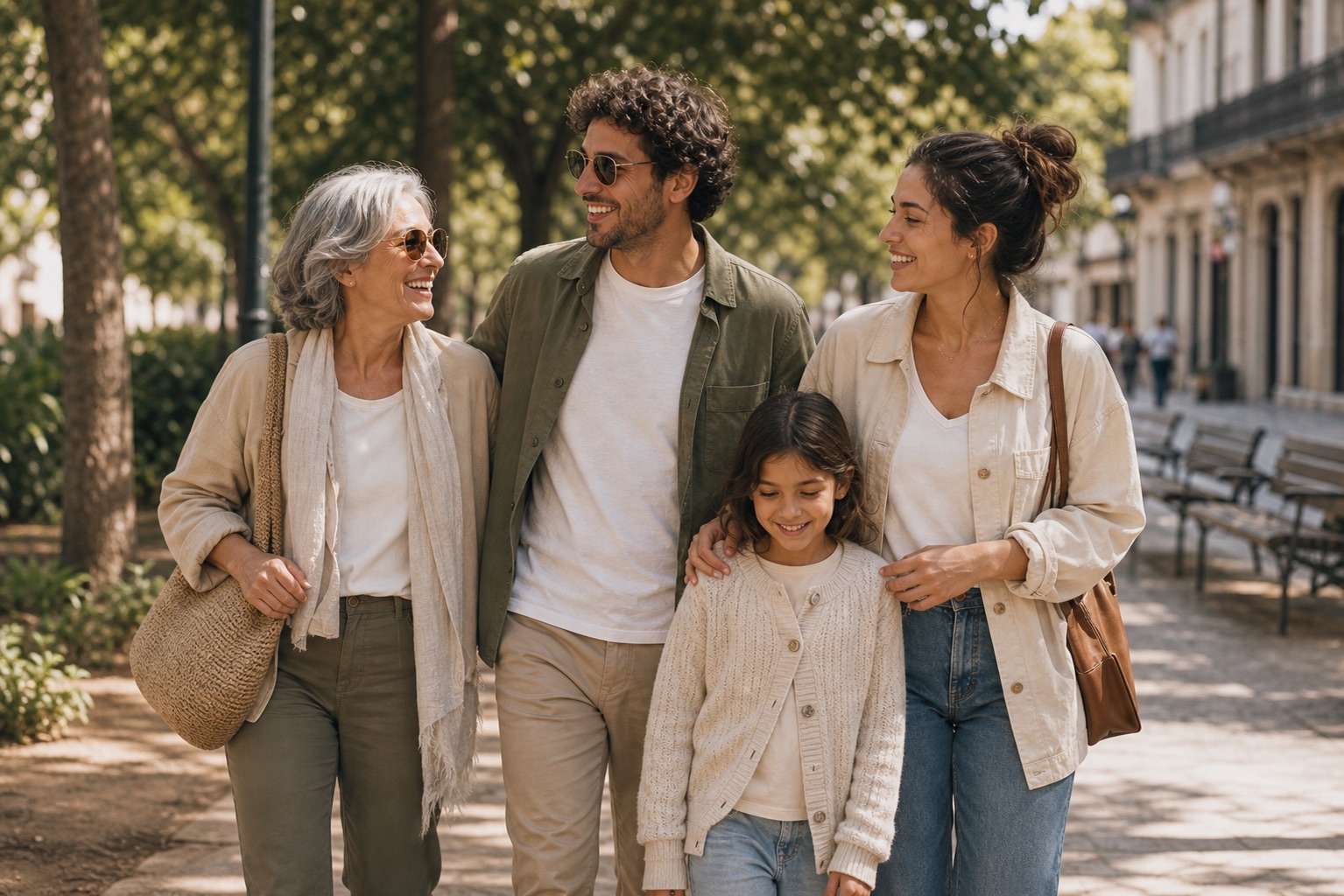 Familia paseando por un parque urbano con ropa casual