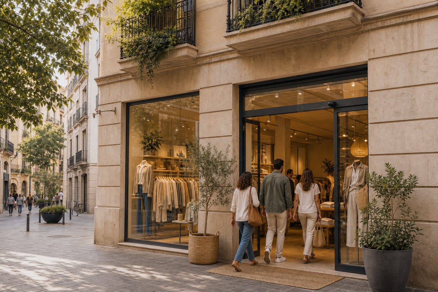 Fachada luminosa de una tienda Example Fashion en Barcelona